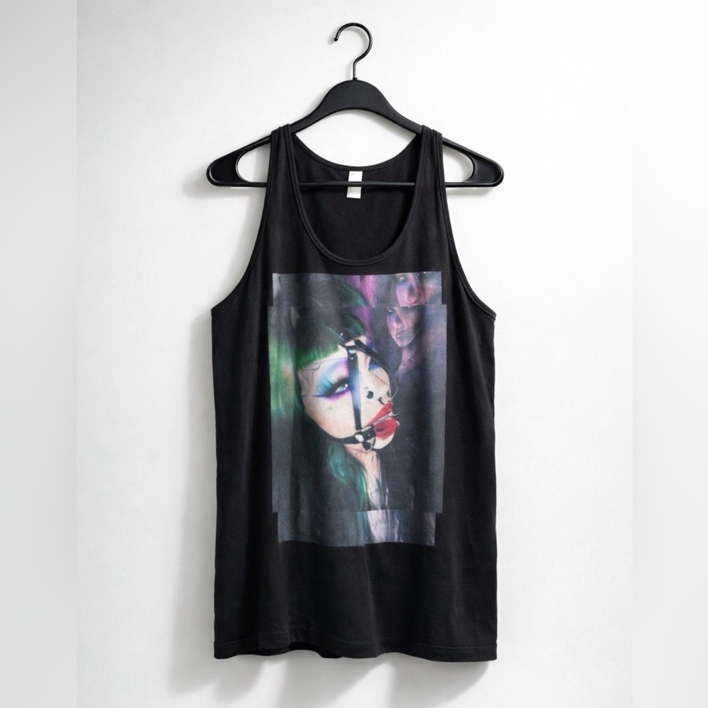 Custom Printed Black T-shirt, Woman's Face Design, Unisex Size L